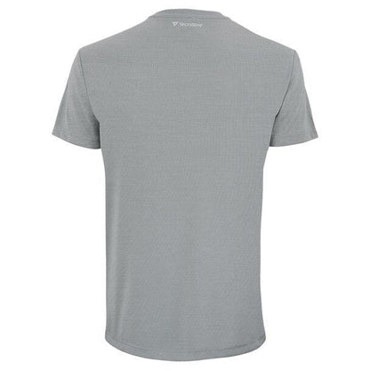 The Tecnifibre Mens Team Tech Badminton T-Shirt in Silver presents a plain light gray design on the back with short sleeves. Made from smooth polyester knit, it includes a small logo near the collar and features a special cotton touch treatment for enhanced softness.