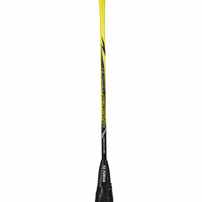 The FZ Forza Precision X11 Badminton Racket - Buttercup is meticulously crafted with ultra high modulus graphite and showcases a striking yellow and black shaft marked with the text "FZ Forza Precision X1." The handle is enhanced by a black grip tape. With its elegant lines and contemporary design, this racket combines style with top-notch performance.