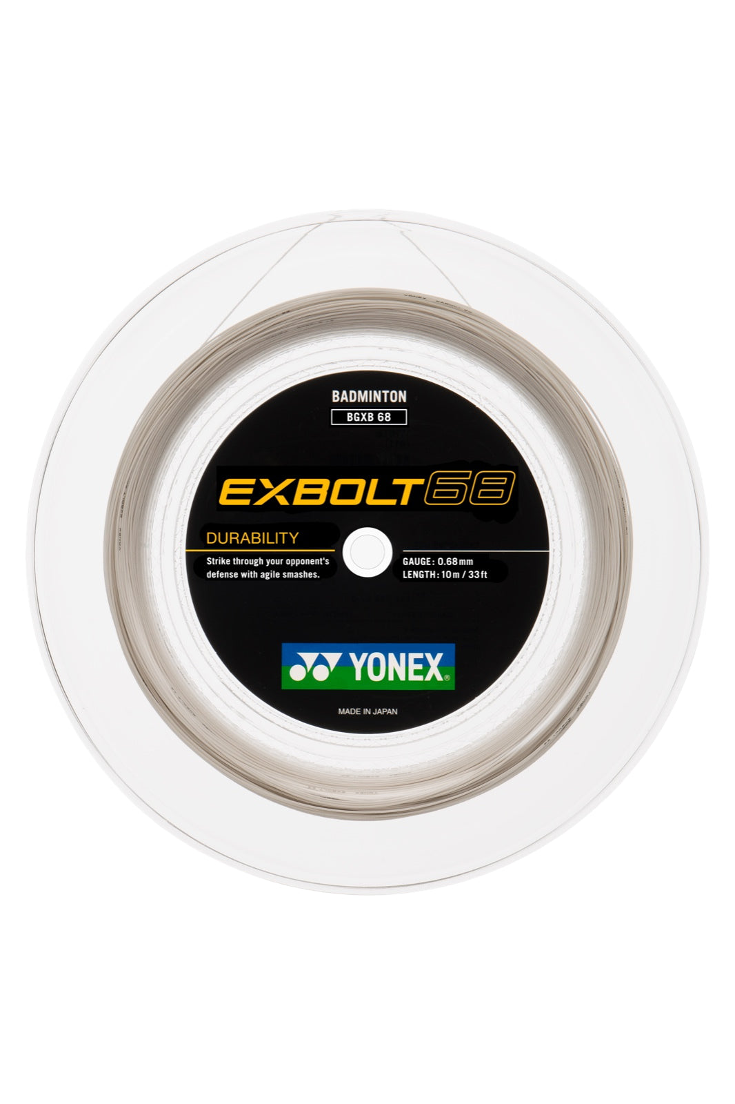 The Yonex Exbolt 68 Badminton String White, available in a reel of 200 meters with a gauge of 0.68 mm, highlights its potential for smashing power with durable construction. Made using FORGED FIBER technology and enclosed in transparent plastic casing, these strings are crafted in Japan.