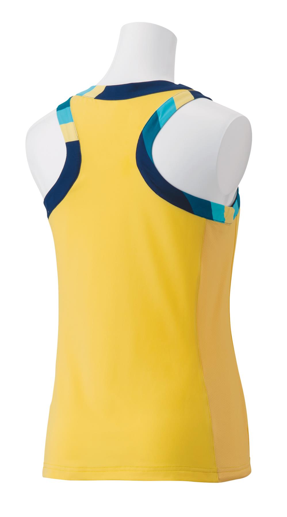 Back view of the Yonex 20753EX Women's Badminton Tank Top in Soft Yellow, showcasing dark blue and turquoise accents around the neck and shoulders. Displayed on a white mannequin torso, this sleeveless top includes VeryCool UV Reduction technology to ensure comfort during intense matches.