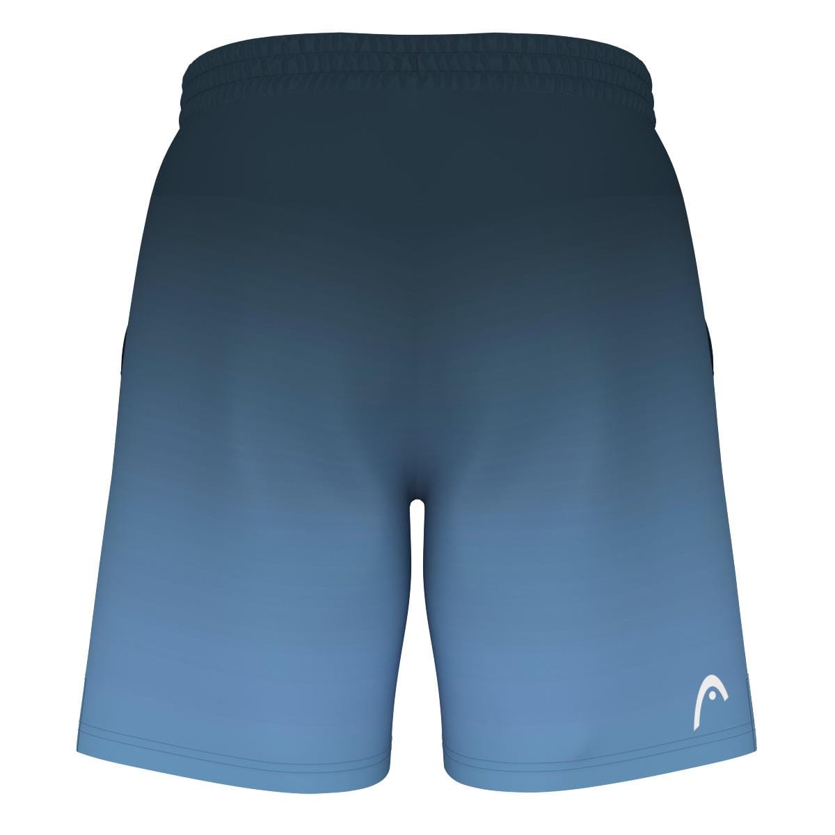 The HEAD Vision Power II Men's Badminton Shorts in Navy/Blue showcase a captivating gradient design that shifts from dark blue at the waistband to a lighter shade of blue at the hem. These shorts are equipped with 4-way stretch fabric and feature Moisture Transfer Microfiber technology, along with a small white logo positioned near the bottom on the right side.