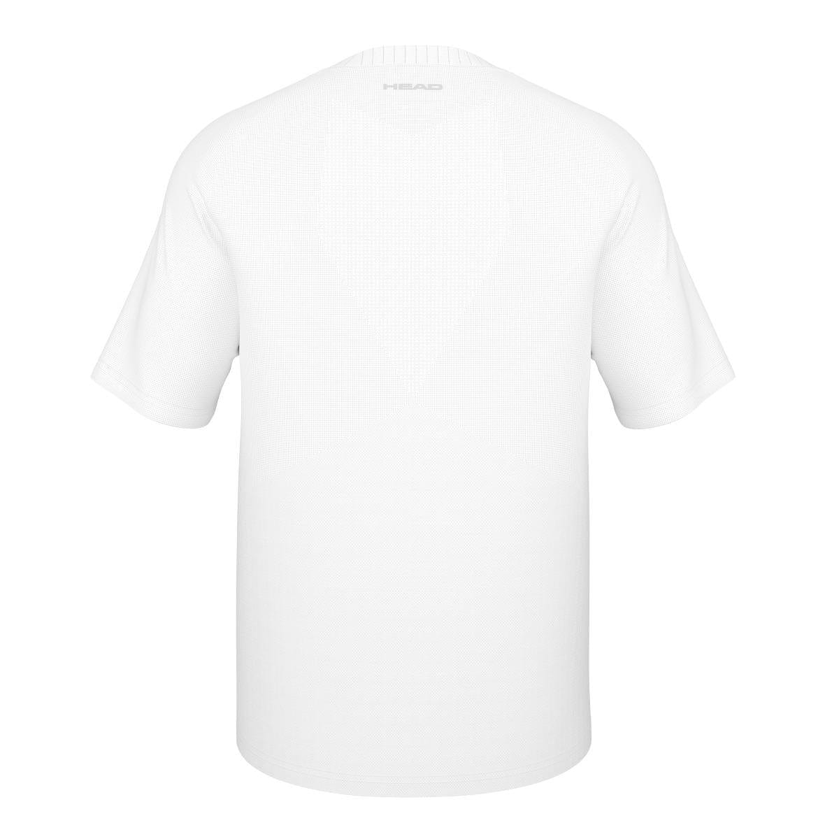 The HEAD Performance Men's Badminton T-Shirt - XPWH, in plain white, is crafted with moisture transfer microfibre for improved comfort. Highlighting a smooth fabric and a round neckline, the short-sleeved shirt is stylishly finished with a subtle logo near the neck at the back.