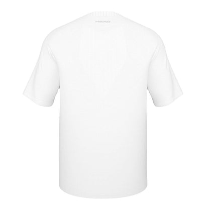 The HEAD Performance Men's Badminton T-Shirt - XPWH, in plain white, is crafted with moisture transfer microfibre for improved comfort. Highlighting a smooth fabric and a round neckline, the short-sleeved shirt is stylishly finished with a subtle logo near the neck at the back.