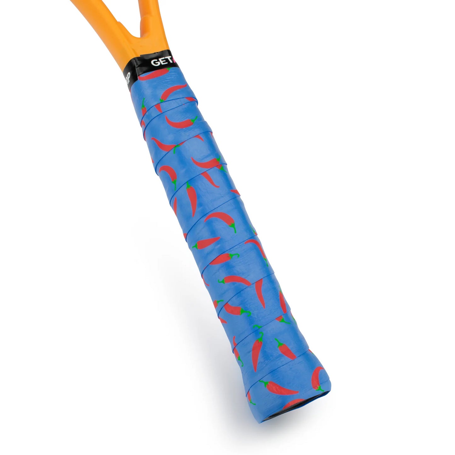 Close-up of a tennis racket handle wrapped in the Get A Grip Heatwave Badminton Overgrip - Blue, featuring a pattern of red chili peppers. This overgrip is renowned for its excellent moisture absorption and non-slip qualities. The orange handle above the grip showcases a black band near the top adorned with the text "GET," making it perfect for tennis or badminton overgrip needs.