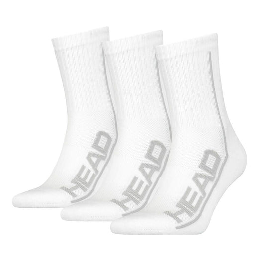 Three pairs of HEAD Performance Badminton Socks in white, featuring the "HEAD" logo in gray on the side and designed with shock absorption and arch support for optimal comfort.