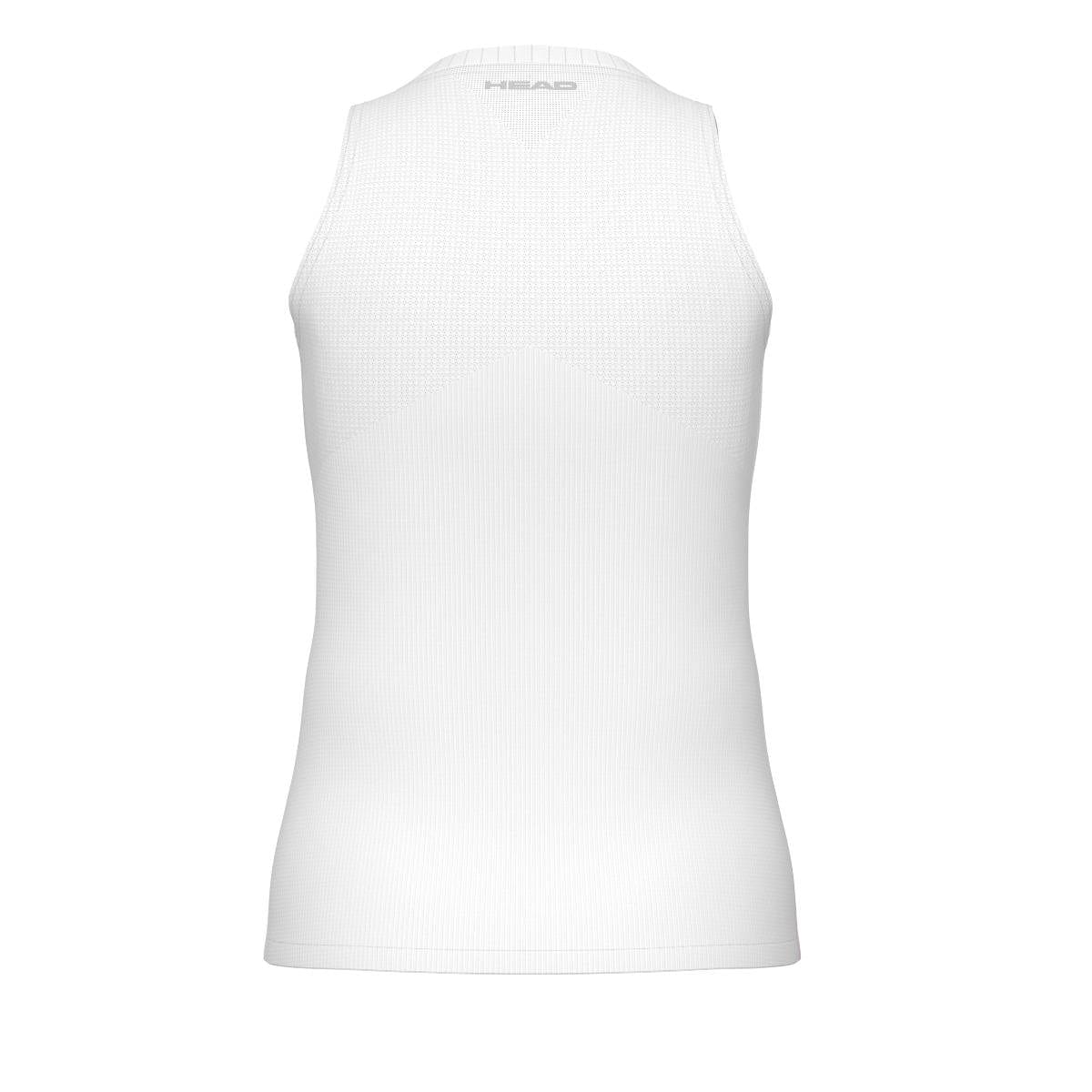 The HEAD Performance Women's Badminton Tank Top - VPXR is a white sleeveless tank top featuring a textured back and the HEAD logo near the neckline. Made from moisture-transfer microfibre, it uses body mapping technology to provide optimal performance and comfort during workouts.