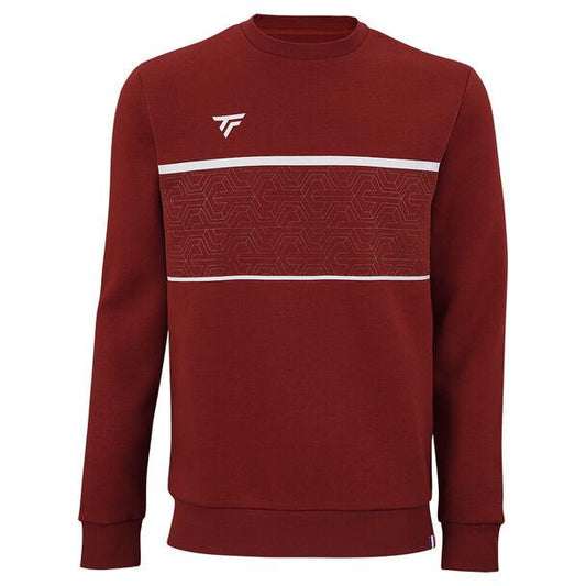 The Cardinal sweater from Tecnifibre Men's Team Badminton line is crafted from cotton fleece and features two white horizontal stripes with a geometric pattern in between. It includes a small white logo on the left shoulder and is designed for a high-performance look, complete with long sleeves and a crew neck that captures the essence of Team Badminton style.