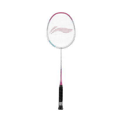 The Li-Ning Axforce 9 3U Badminton Racket in Carmine Rose features a stylish pink and white frame paired with a black handle, along with a distinctive logo on the string bed. This sleek and modern design is enhanced by its head-heavy balance, making it ideal for power players.