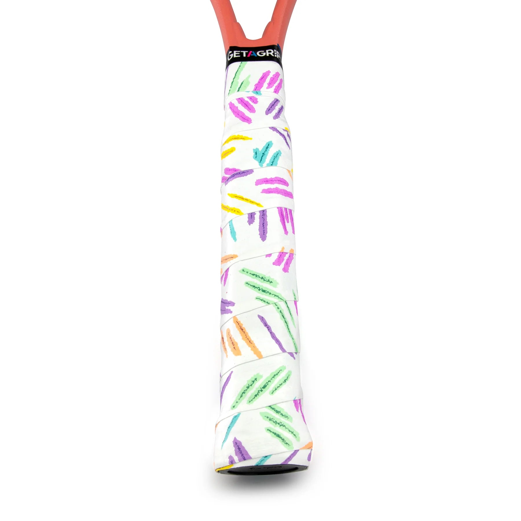 The "Get A Grip Spring & Bounce Badminton Overgrip - White" features a vibrant, abstract design of curved lines in purple, green, yellow, pink, and orange on a white background. Made with premium materials, this unique pattern is accentuated by a black band at the top that displays the brand name "Get A Grip.