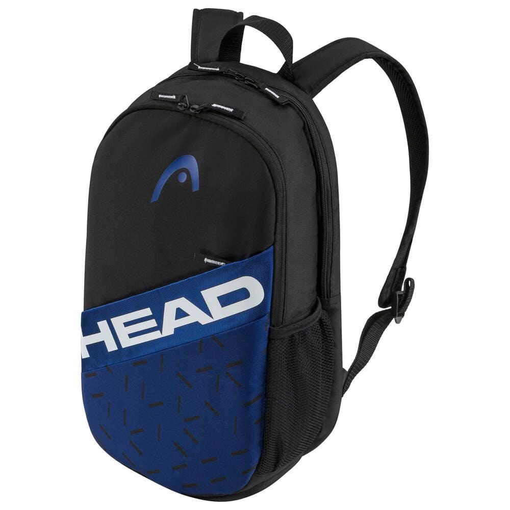 The HEAD Team 21L Badminton Backpack - BLBK, a product by HEAD, is designed in black and blue with "HEAD" printed prominently on the front. It includes a top handle, adjustable shoulder straps, a mesh side pocket, and a padded compartment to ensure secure storage. Additionally, it offers an integrated shoe compartment for added convenience while traveling.