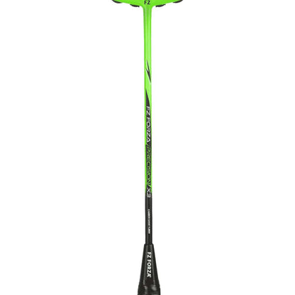 The FZ Forza Precision X3 Badminton Racket in Bright Green, created by FZ Forza, is designed with Ultra High Modulus Graphite. It boasts a slim shaft with white branding, complemented by a black handle and set against a white background.