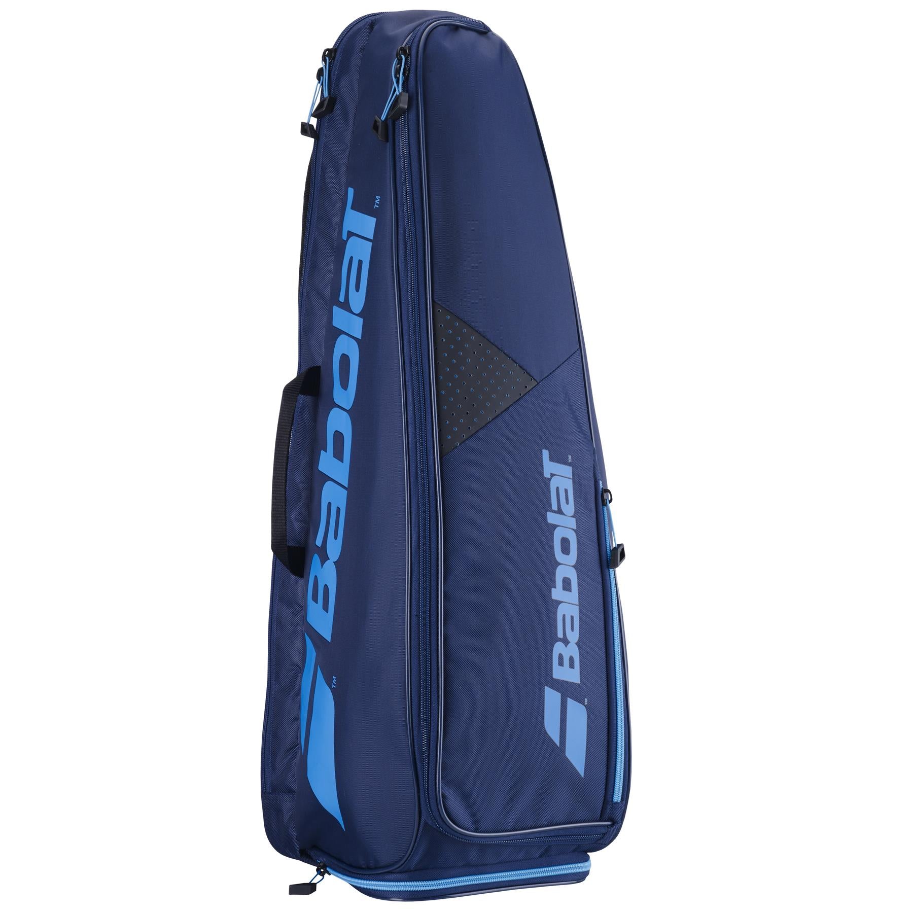 The dark blue Babolat Backrack 3 Badminton Bag, featuring a slanted Babolat logo, is designed to stand upright. Made from recycled polyester, it offers multiple zippered compartments and padded handles, making it perfect for storing racquets and other badminton equipment.