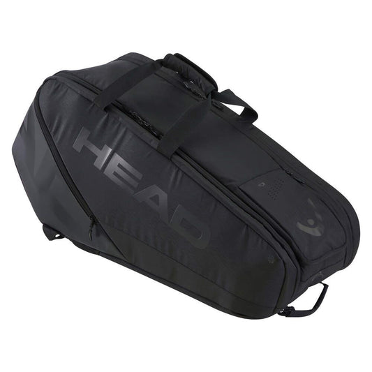 The HEAD Pro X Legend 9 Badminton Racket Bag L - Black from HEAD is crafted for versatility and features "HEAD" prominently displayed on its sleek black design. This badminton racket bag includes multiple compartments, adjustable straps, and CCT+ climate control to ensure your gear is well-protected.