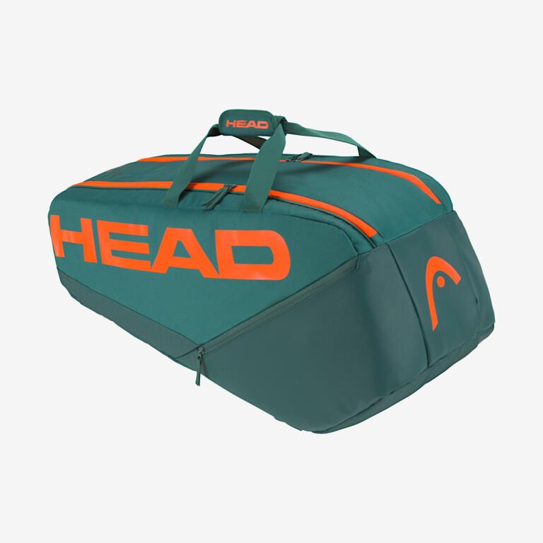 A HEAD Pro Racket Bag - L - DYFO in green and orange, featuring bold orange "HEAD" branding. This tennis racket bag includes handles, a top zipper, and advanced climate control technology to safeguard your gear.