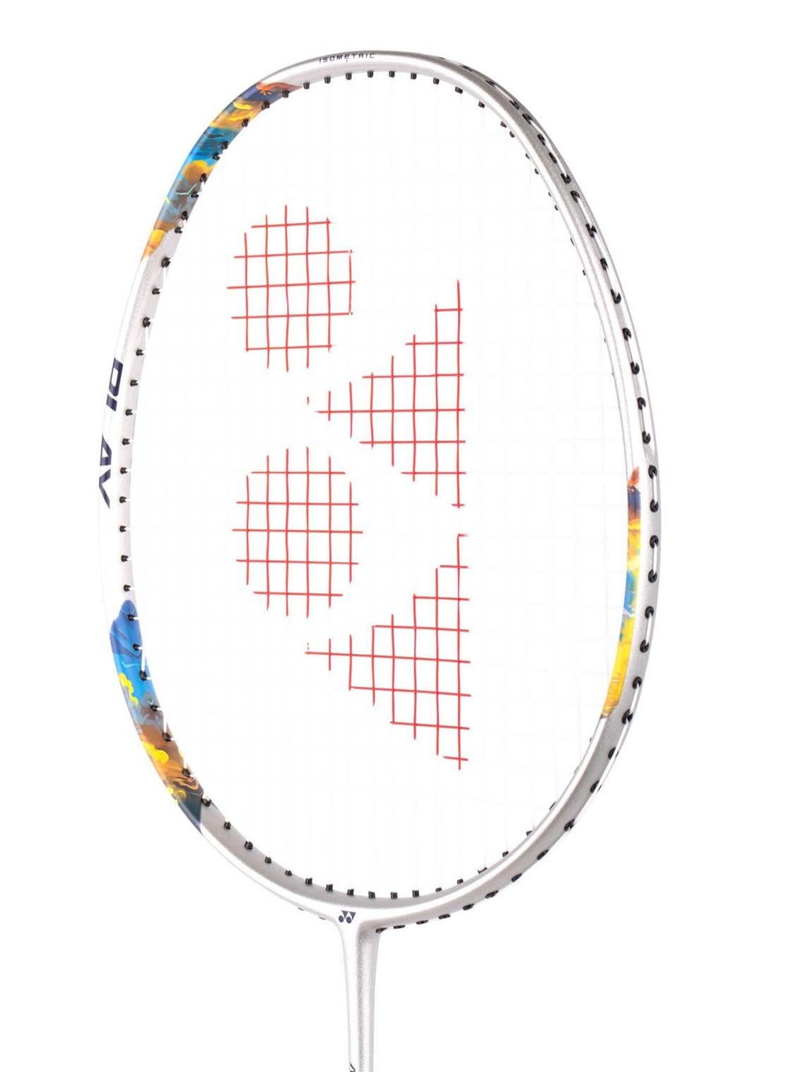 A close-up of a Yonex Nanoflare 700 Play 4U badminton racket by Yonex, featuring a silver frame with sky blue accents. The strings create a geometric pattern in red, making it an excellent choice for beginner players. The background is plain white.