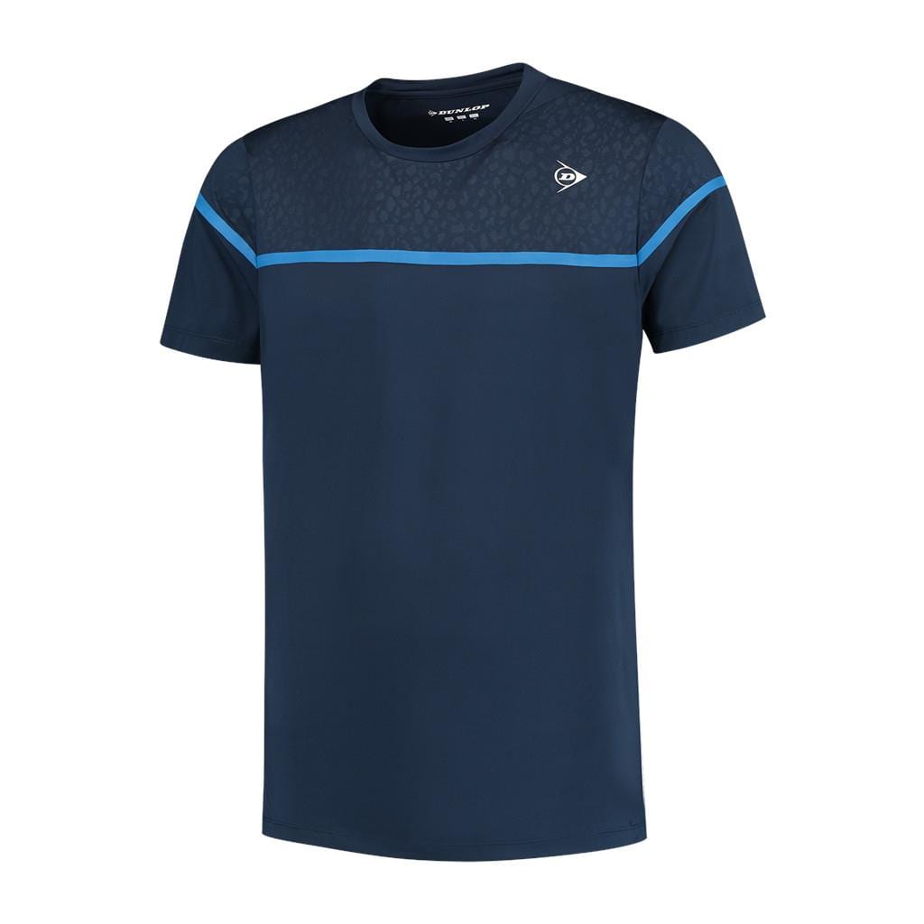 Introducing the Dunlop Performance Game 2 Men's T-Shirt in Navy Blue. This athletic tee features a light blue stripe across the chest and shoulders, accompanied by a subtle pattern on the chest and a small logo on the upper left side. Designed for ultimate comfort, it is lightweight with moisture-absorbing properties, short sleeves, and a crew neck.