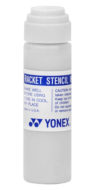 The Yonex Stencil Ink - White, with its distinct white body and blue label, is equipped with a handy sponge applicator. Ideal for racket strings, the label provides comprehensive usage instructions along with crucial cautionary notes.