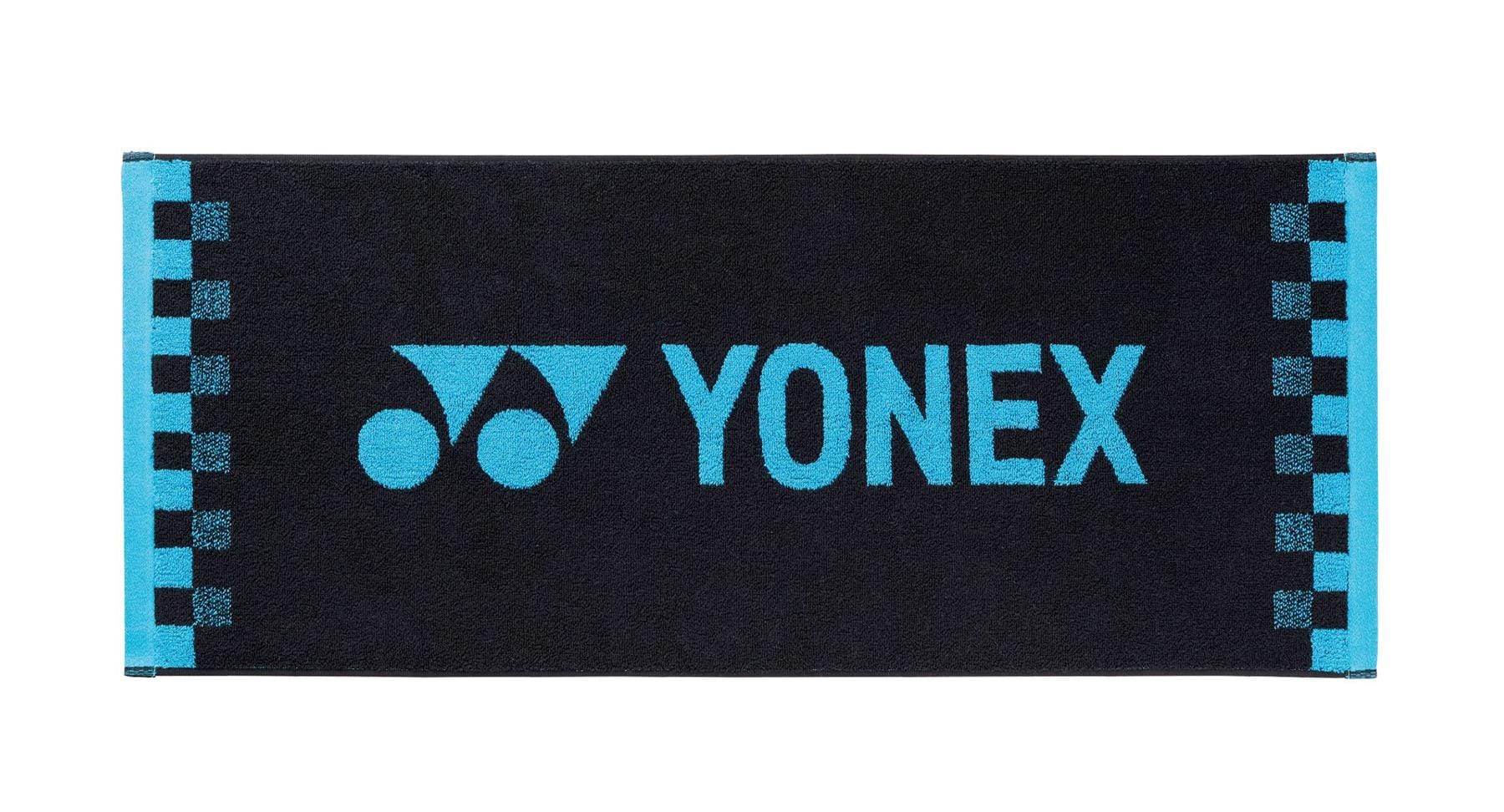 The Yonex AC1109EX Face Towel - Black is expertly crafted from premium cotton, incorporating absorbent fibers and a stylish design highlighted by blue accents alongside the prominent Yonex logo and brand name.