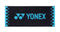 The Yonex AC1109EX Face Towel - Black is expertly crafted from premium cotton, incorporating absorbent fibers and a stylish design highlighted by blue accents alongside the prominent Yonex logo and brand name.