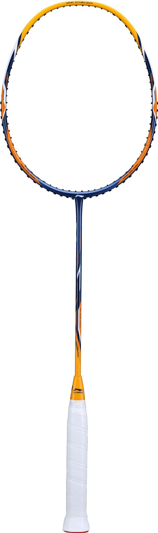 The Li-Ning TecTonic 1 badminton racket, ideal for beginners, features a blue and yellow frame and a carbon fiber build with a white wrapped handle, all presented against a pristine white background.