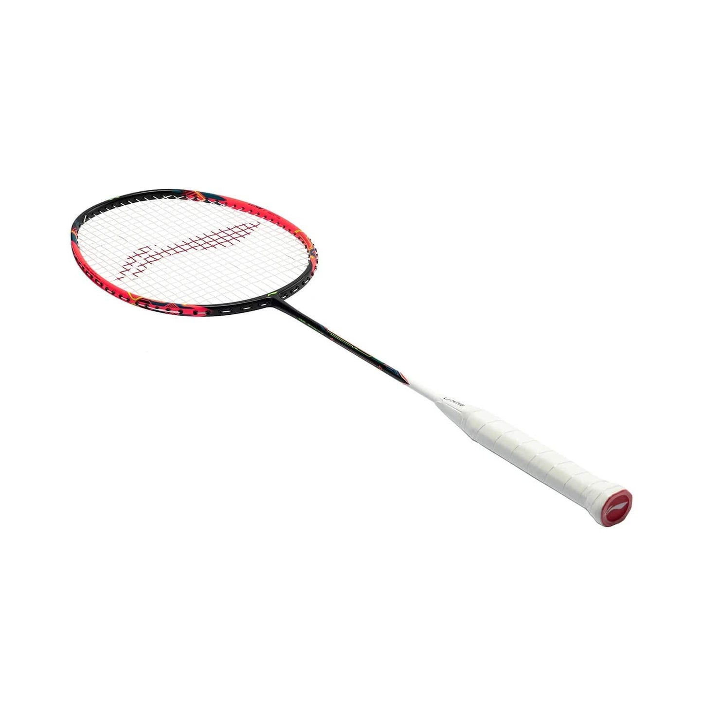 The Li-Ning Halbertec Motor 5U Badminton Racket - Pink, a lightweight and balanced racket, is showcased against a white background.