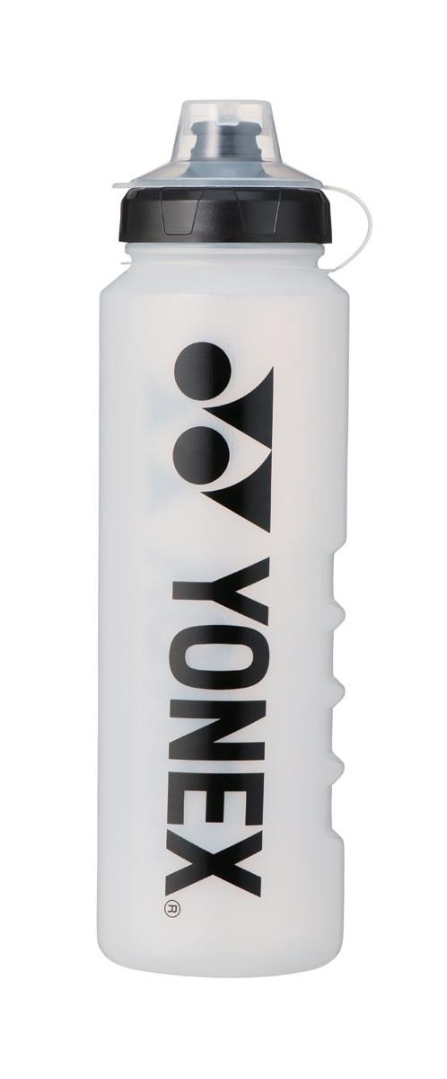 The Yonex AC590 Sports Bottle - Black showcases a stylish, transparent design adorned with the iconic "YONEX" logo and a black sports cap. Its ergonomic structure includes finger grooves to ensure a secure grip, ideal for staying hydrated during any activity.