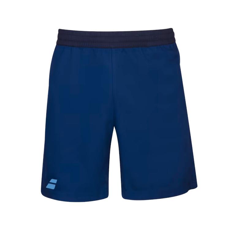 The Babolat Play Men's Shorts in Estate Blue boast a comfortable black elastic waistband. Featuring Babolat's innovative 360 Motion and Fiberdry technology, these shorts are designed for peak performance. A subtle logo on the lower left side adds a stylish flair.