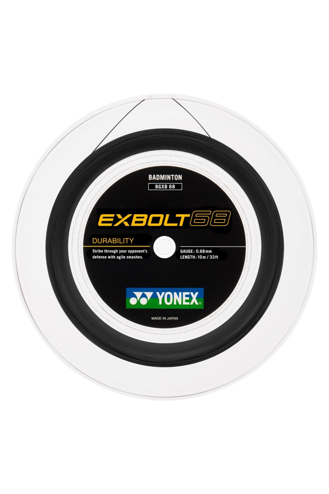 A reel of Yonex Exbolt 68 Badminton String in black, sized at 0.68mm and extending 200 meters, provides excellent smashing power potential. Utilizing FORGED FIBER technology, it highlights its durability and gauge size on the packaging. The classic Yonex logo is prominently featured.