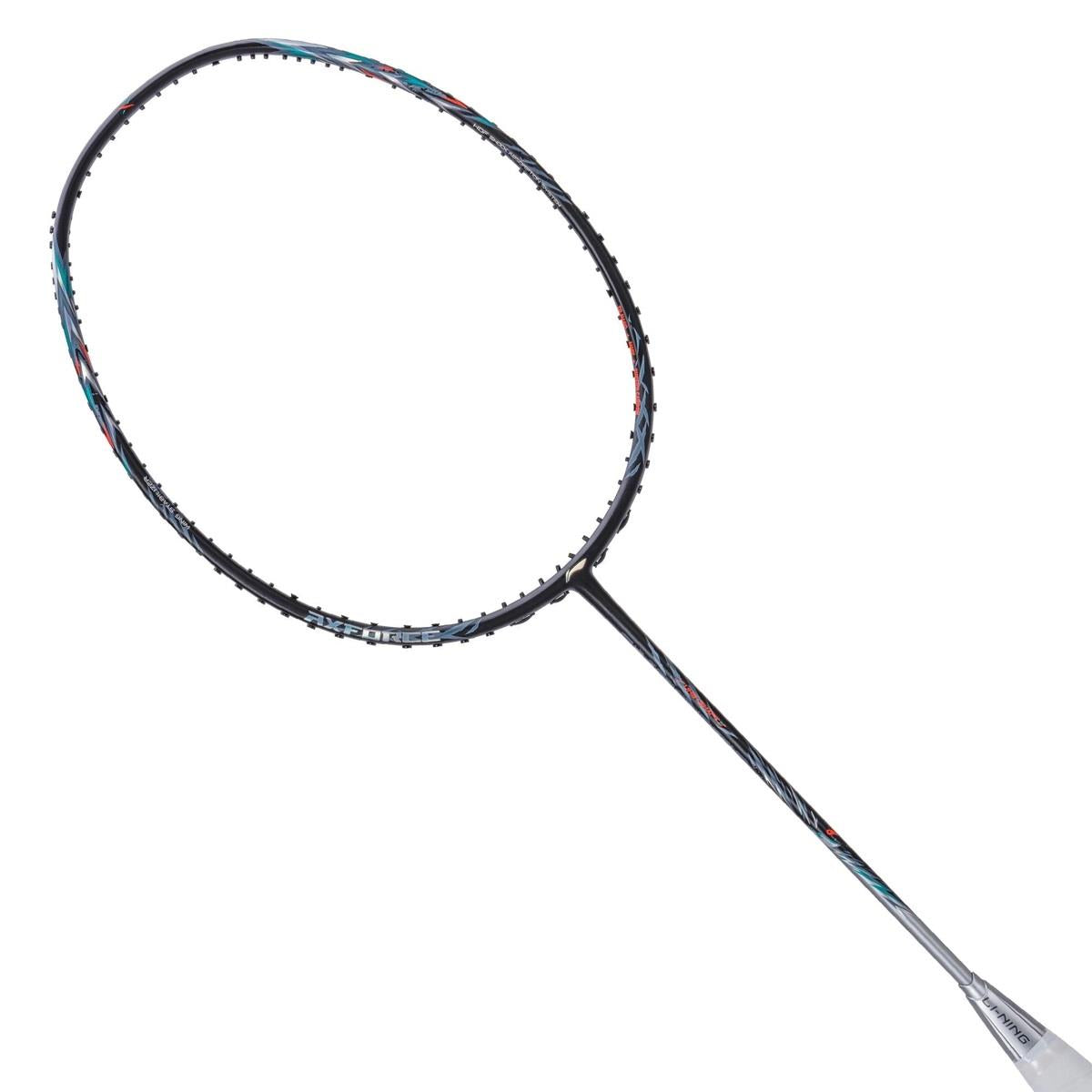 The Li-Ning Axforce 70 4U Badminton Racket features a black and silver frame with a sleek shaft enhanced by subtle designs. Its tightly woven strings and lightweight, aerodynamic design are improved by the Wing Stabiliser technology for superior control on the court.