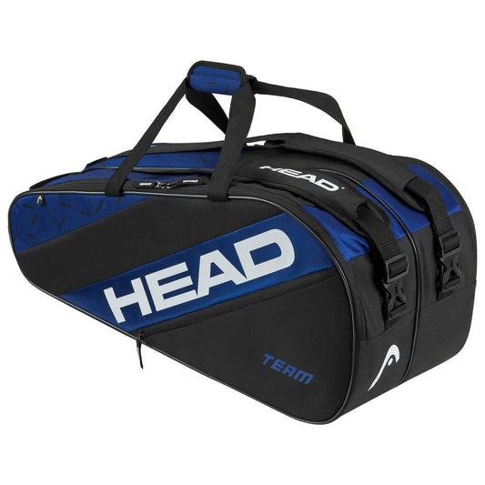 The HEAD Team 9 Badminton Racket Bag L - BLBK showcases a sleek black and blue design with the white HEAD logo prominently displayed. It features three compartments, a 2-way carry system, and two robust black straps for seamless transport, offering a perfect blend of functionality and modern style.