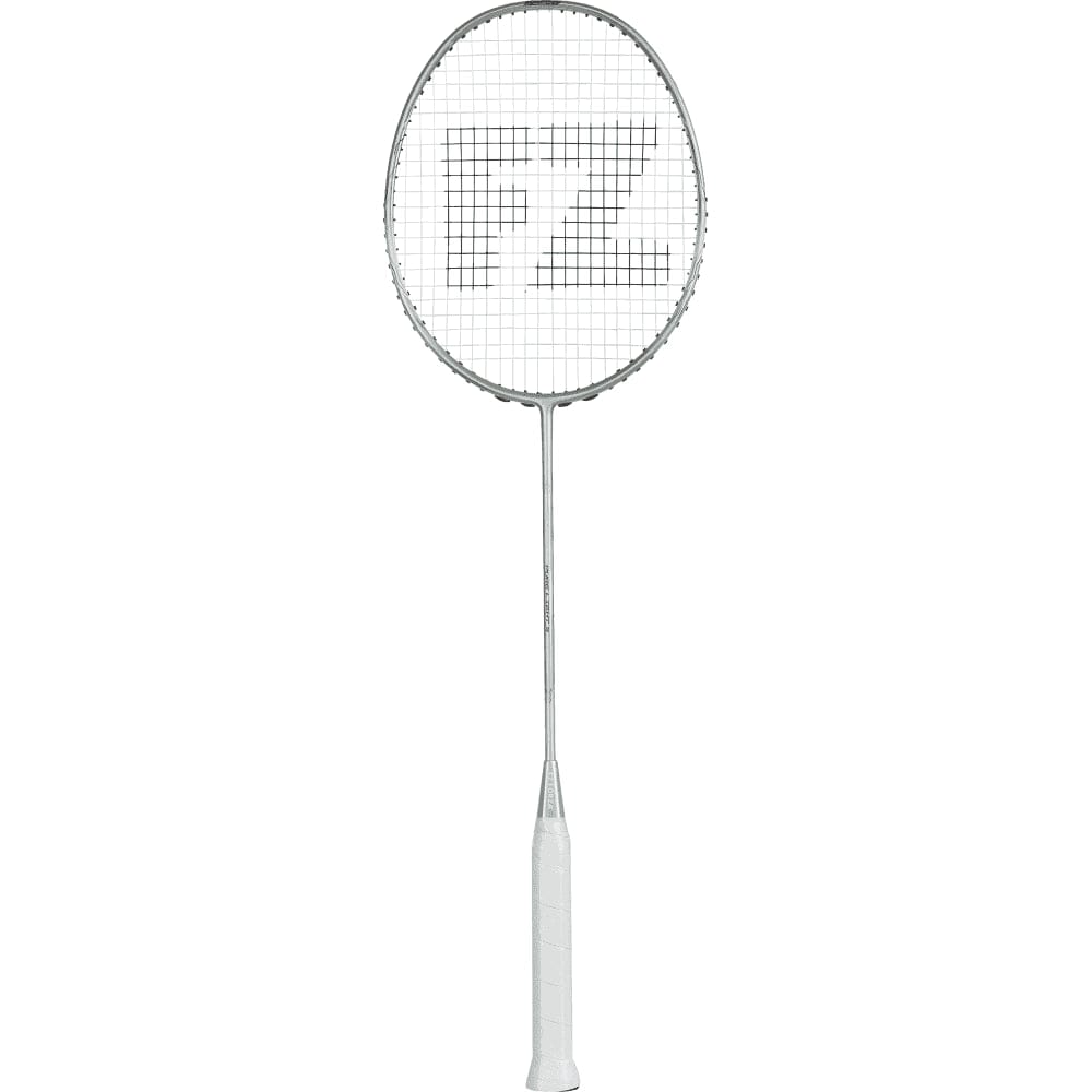 Introducing the FZ Forza Pure Light 5, a silver badminton racket crafted with ultra-high modulus graphite. With a white grip and the iconic "FZ" on its string bed, this racket features an oval-shaped frame characterized by a sleek and minimalist design, delivering precision and power on the court.