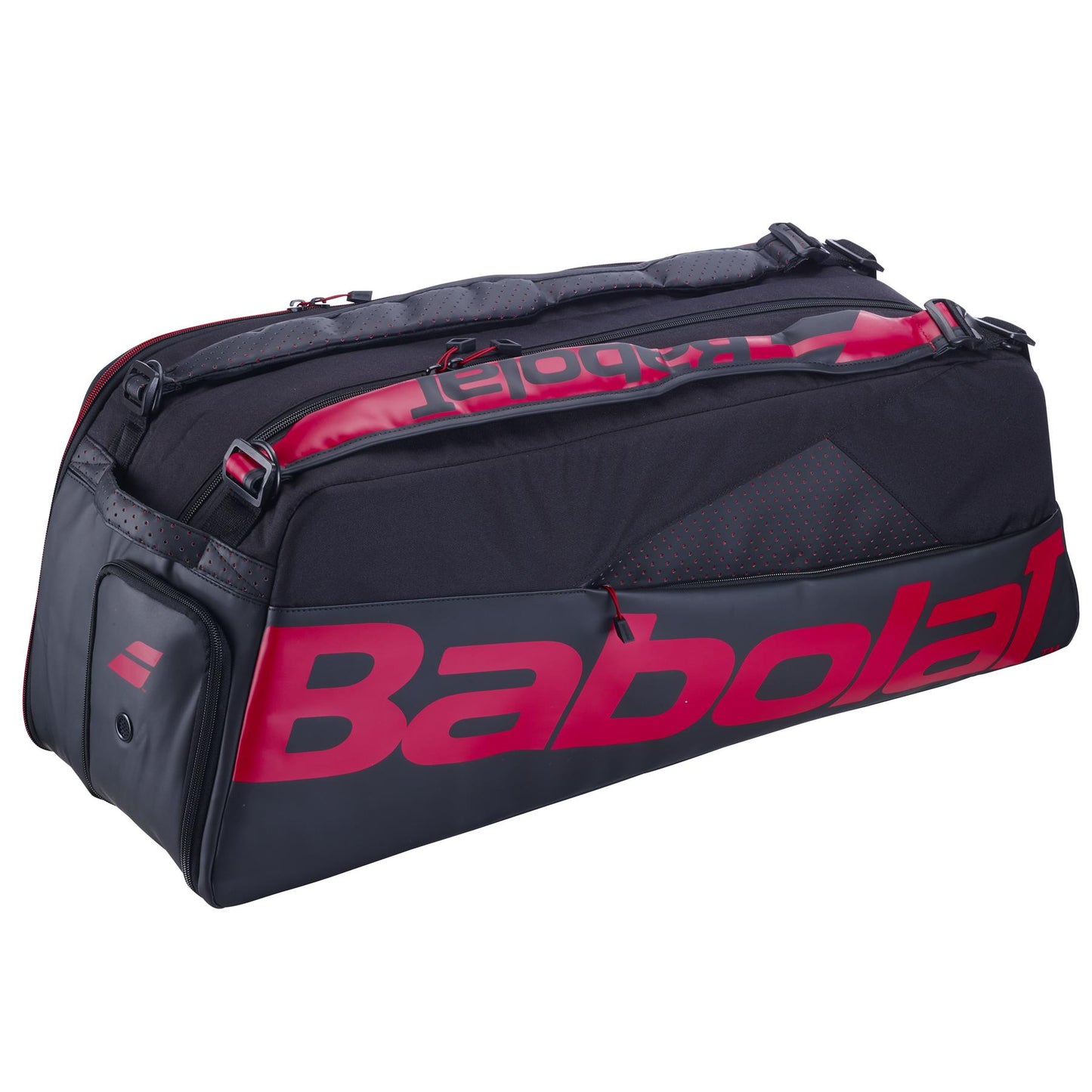 The Babolat Cross Pro Badminton Bag in black and red boasts several compartments and prominently displays the Babolat logo on the side. This spacious bag is equipped with zippers and padded shoulder straps for convenient carrying.