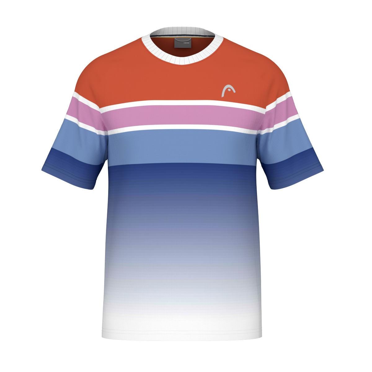 The HEAD Performance Men's Paris T-Shirt - OARO, by HEAD, is a short-sleeved shirt featuring horizontal stripes in red, white, pink, and blue with a gradient transitioning from blue to white at the bottom. It is made with moisture transfer microfiber and includes a small white logo on the upper chest, complemented by a contrasting white neckline.