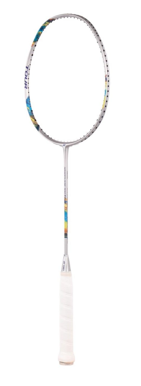 The Yonex Nanoflare 700 Tour 4U badminton racket, ideal for advanced players, showcases a vibrant silver and sky blue frame with a pristine white grip against a simple white background.