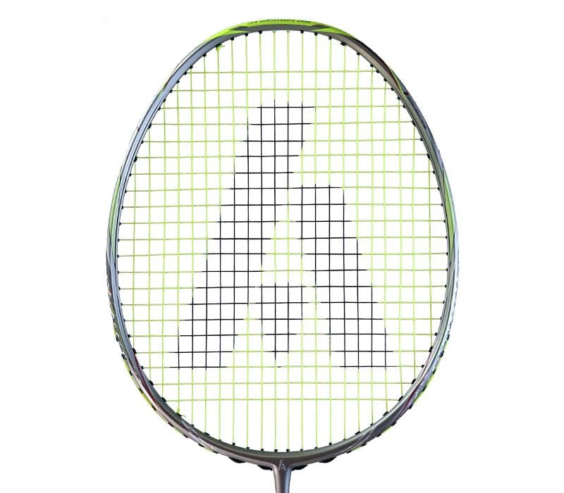 The Ashaway Phantom Shard 4 4U Badminton Racket features black strings in a striking "A" design at the center, with its carbon fiber frame shining silver and green on a white background.