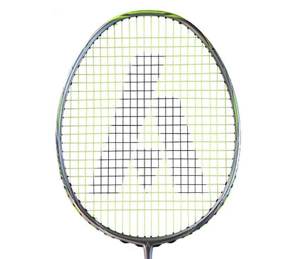 The Ashaway Phantom Shard 4 4U Badminton Racket features black strings in a striking "A" design at the center, with its carbon fiber frame shining silver and green on a white background.