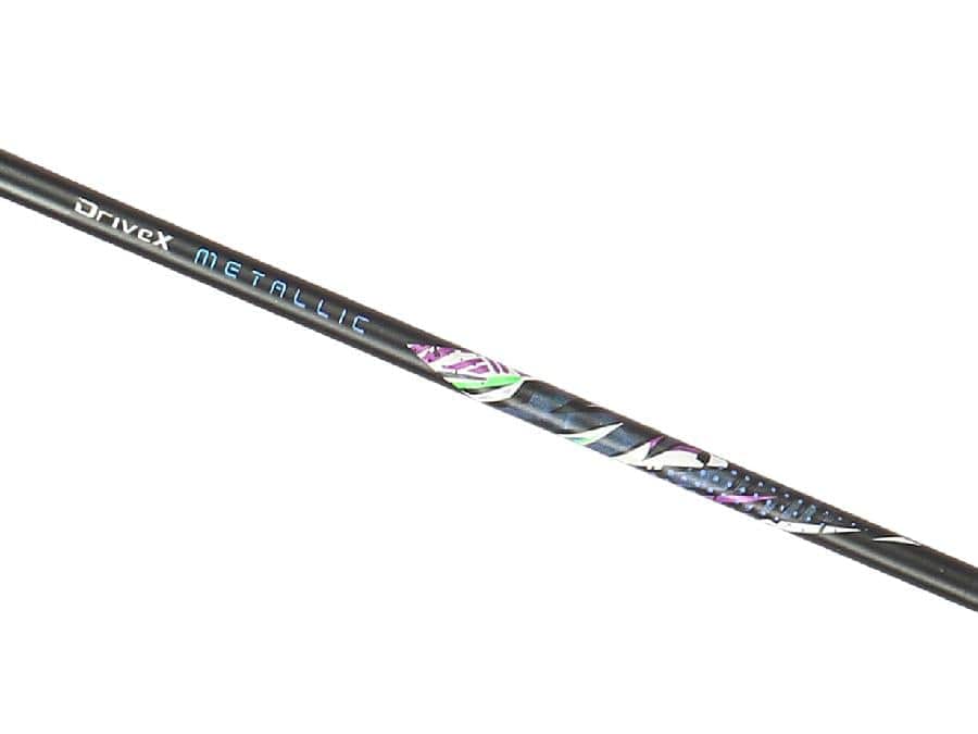 Close-up of the Victor Drive X Metallic C 4U Badminton Racket - Black shaft, featuring decorative graphics and text. The design includes metallic carbon fiber with purple, green, and white elements.