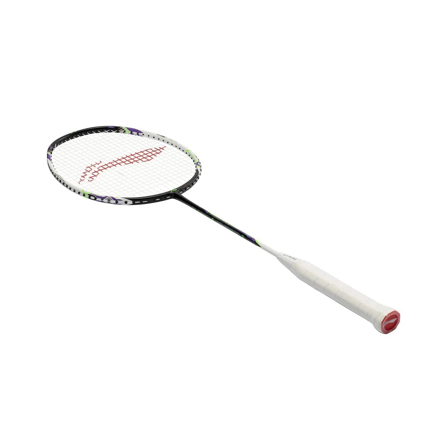 The Li-Ning Halbertec Motor 4U Badminton Racket, branded by Li-Ning, boasts a sleek black and white frame with red strings and a white handle, highlighting its top-notch performance against a plain white background.