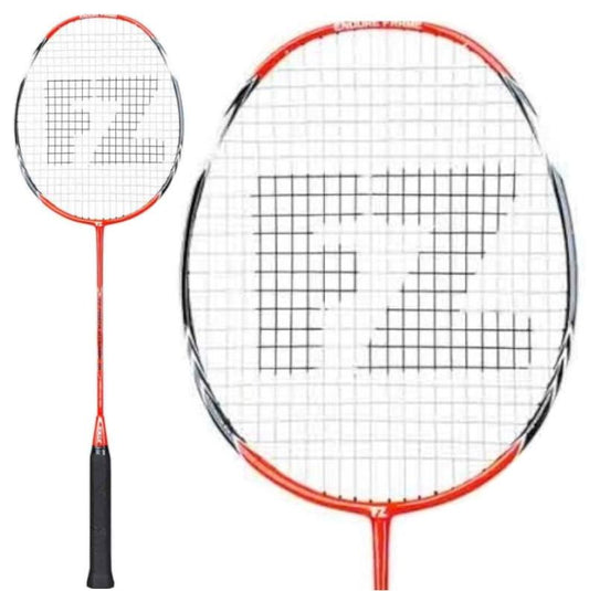 The FZ Forza Dynamic 10 Junior Badminton Racket in Poppy Red is designed with a head-heavy balance, a black grip, and white strings that creatively shape the letters "FZ" in the center of its head.