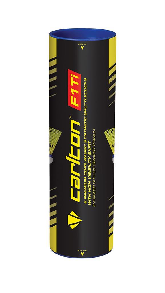 The Carlton F1 Ti Yellow Medium Badminton Nylon Shuttles are presented in a stylish black and yellow cylindrical tube from Carlton, perfect for badminton enthusiasts. Each of the six nylon shuttles is equipped with a synthetic skirt and a natural cork base, incorporating advanced titanium technology for enhanced performance.