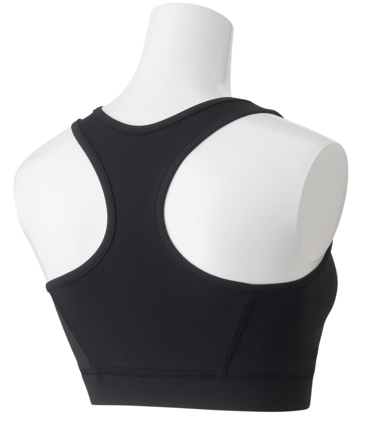 A Yonex 46045 Women's Badminton Sports Bra by Yonex is displayed on a white mannequin. This black bra highlights a racerback design with smooth, seamless fabric and includes VERYCOOL technology for improved UV reduction. The view from the back emphasizes its functional and stylish structure.