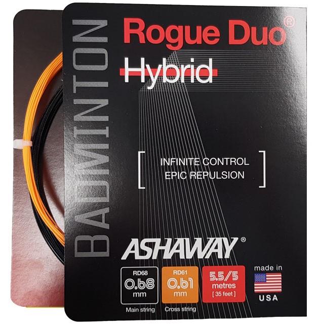 Close-up of the Ashaway Rogue Duo Hybrid Badminton String Set packaging. Emphasizing "Infinite Control, Epic Repulsion," it provides information on the string thickness of 0.68mm and 0.61mm and a length of 10 meters. Made in the USA, this product features a hybrid stringing technology with an eye-catching combination of black and orange strings.