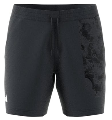 Introducing the adidas Men's Paris Ergo Badminton Shorts in Carbon: these shorts feature a drawstring waistband and subtle, clay surface-inspired graphics on the right side. Enhanced with HEAT.RDY technology, they also sport a small white logo near the left hem for a sleek athletic look.