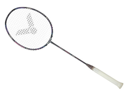 A Victor Thruster Ryuga II Pro 3U badminton racket in Mazarine Blue, featuring a white grip and a black, mesh-strung head, is set against a plain background. Enhanced by HARD CORED TECHNOLOGY and adorned with a subtle Victor logo on the stringing.