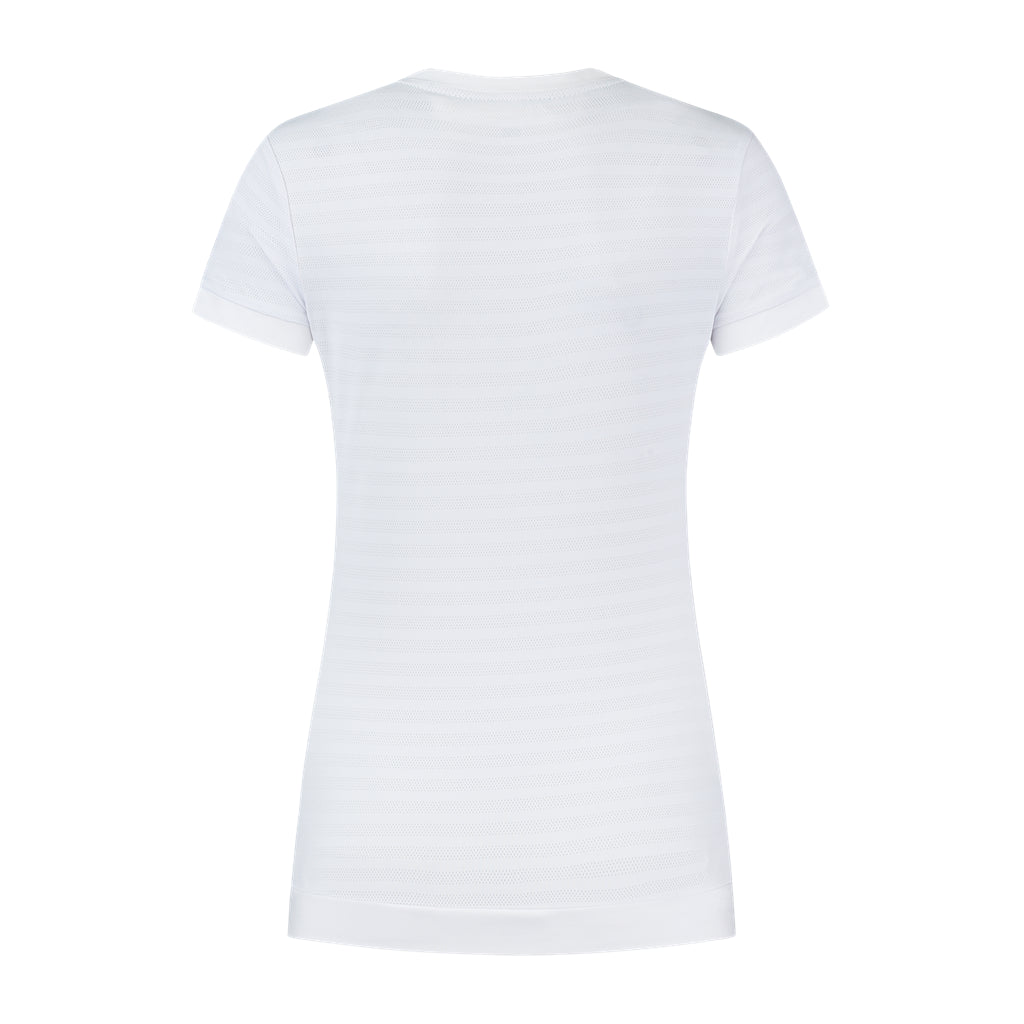 Back view of the K-Swiss Tac Hypercourt Women's V-Neck Badminton Top in white on a white background, capturing the essence of a classic badminton top. The shirt features short sleeves and a V-neck, with fabric that appears smooth and lightweight.