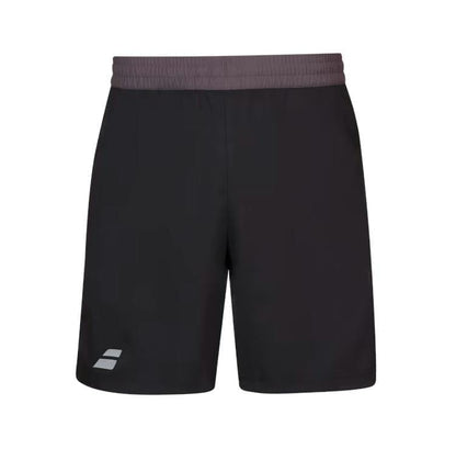 The Babolat Play Men's Shorts in black, designed by Babolat, are crafted with Fiberdry technology and feature a dark gray elastic waistband. A small white geometric logo is located near the bottom left hem. With their plain design, they're ideal for both sports and casual wear.