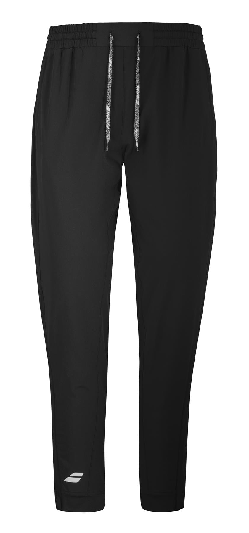 These black Babolat Play Men's Badminton Pants feature an elastic waistband with a drawstring and a small logo on the bottom right leg. Designed for comfort, they offer a relaxed fit perfect for both casual wear and sports activities. Made from Fiber Dry material, these pants help you stay cool and dry.