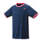 Introducing the Yonex 10578 Crew Neck Men's Badminton T-Shirt in Indigo Marine, this athletic top features subtle wave patterns and is designed with Yonex's VeryCool technology. The T-shirt showcases red and white striped trim on the sleeves and collar, along with a small red logo on the chest for an extra touch of style.