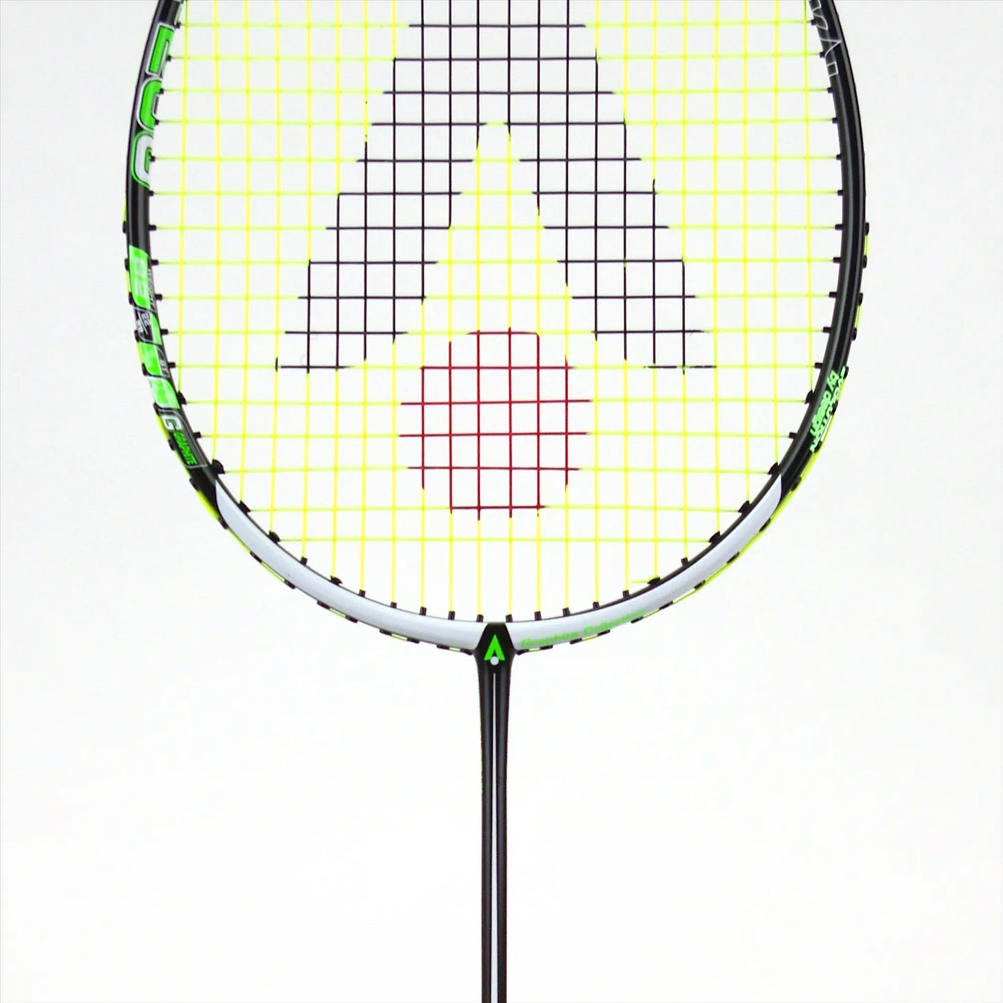 The Karakal BZ 20 2.1 Badminton Racket, in black with neon green accents, features an isometric head and a dark handle. Its strings create a pattern resembling a stylized letter "A" with a red dot beneath it, complemented by its PU super grip. The plain white background keeps the focus on its striking design.