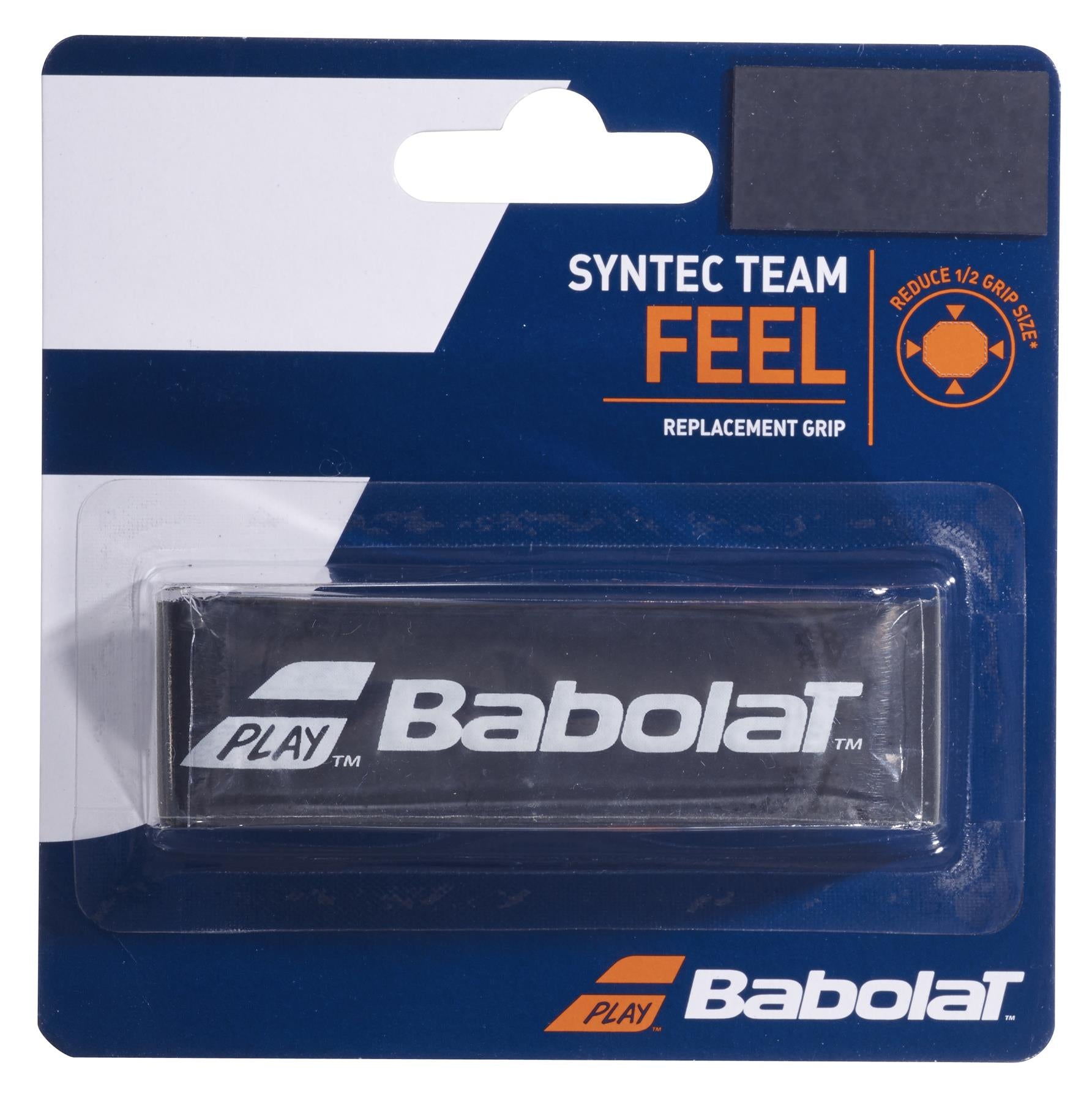 The packaging for the Babolat Syntec Team X1 Replacement Badminton Grip - Black emphasizes a maximized feel and thin design. It features a blue and white color scheme with an orange accent. The black grip is designed to enhance racket feedback, displays the Babolat logo, and is housed in a transparent compartment.